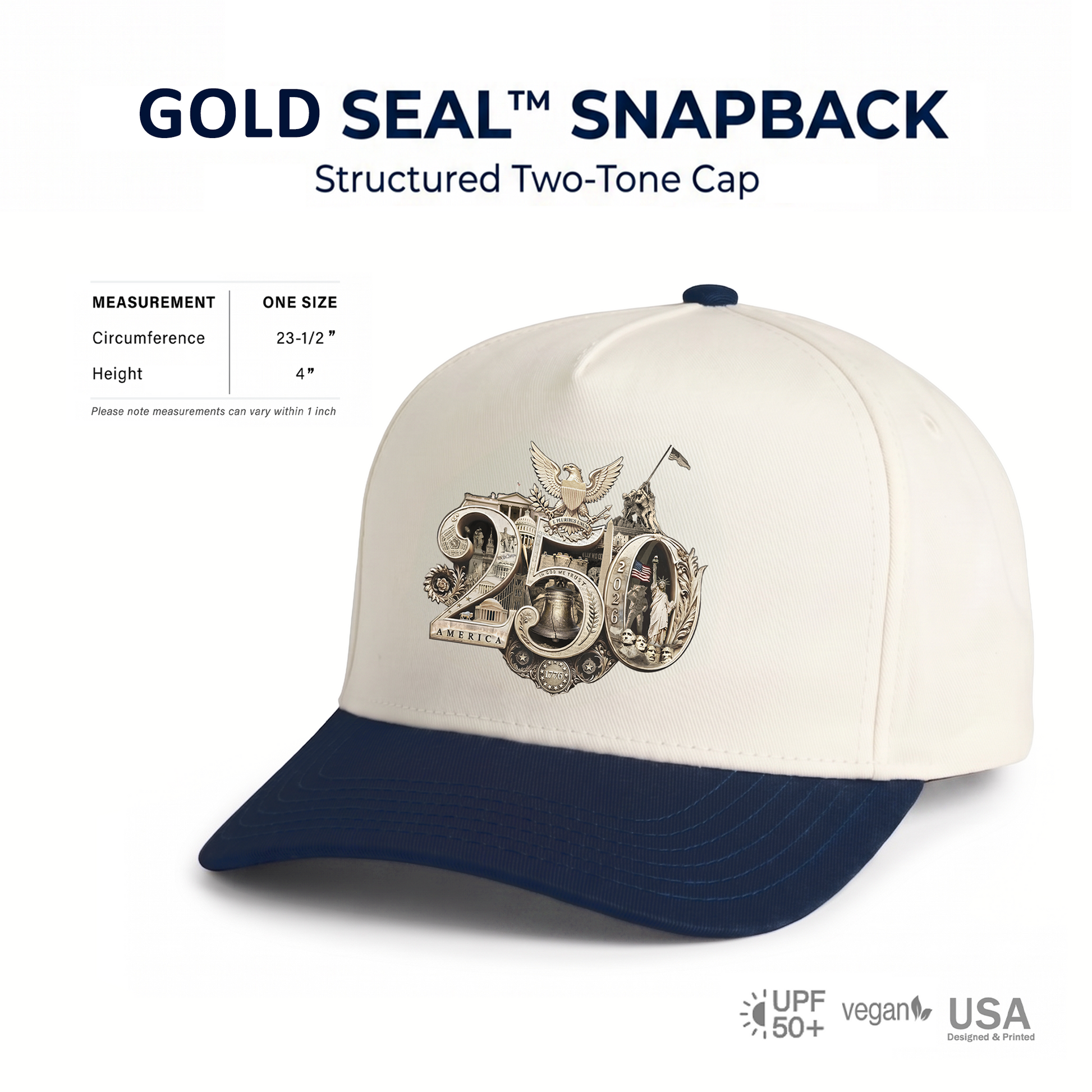 Midnight Navy America 250th Gold Seal Hat one-size fit chart showing adjustable snapback construction