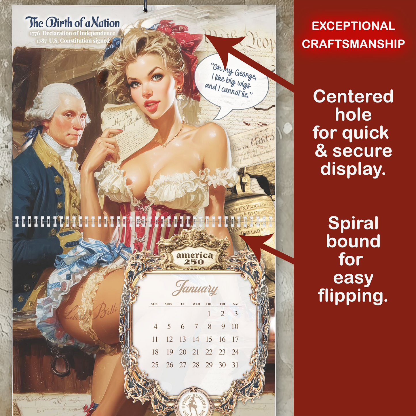 Funny USA 250th Anniversary Calendar 2026, America 250 Years of Sass and Satire, Premium XL  Pin Up History Calendar