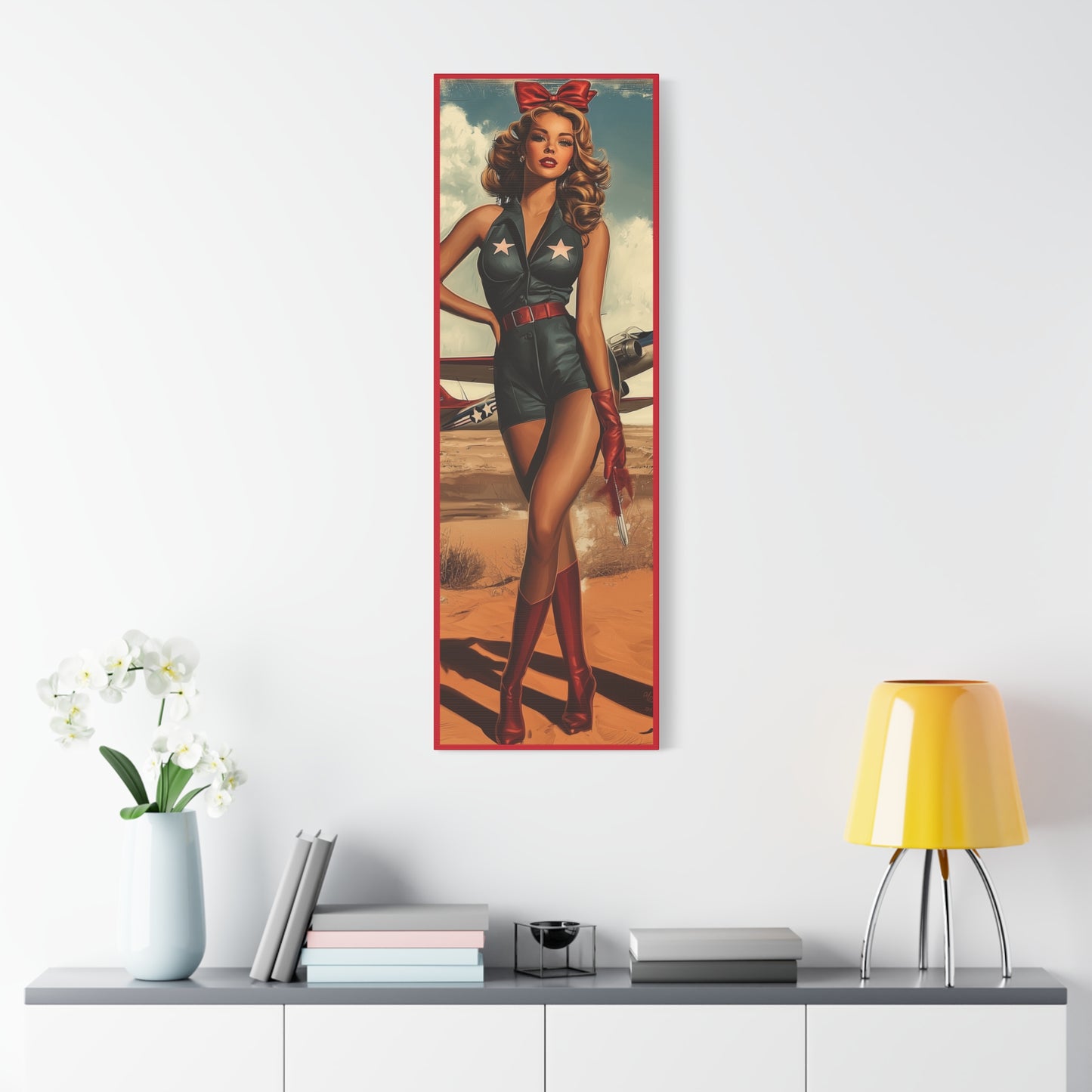 Vintage Patriotic Pin-Up Canvas Art  "Red Tails Tribute": Retro WWII Military  Aviation Wall Decor, Veteran Gifts, USA Decor, Pilot Gifts