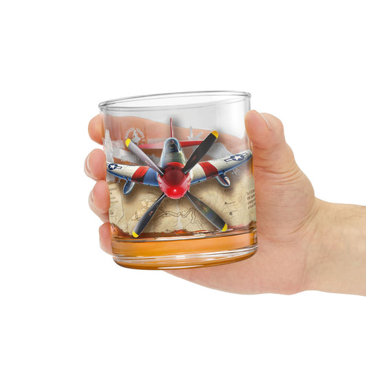 Whiskey Rocks Glass, Vintage WWII P-51 Aviation Gift,  Bourbon Scotch Old Fashion, Man Cave, Military Veteran Pilot Retirement Gift for Him 10oz
