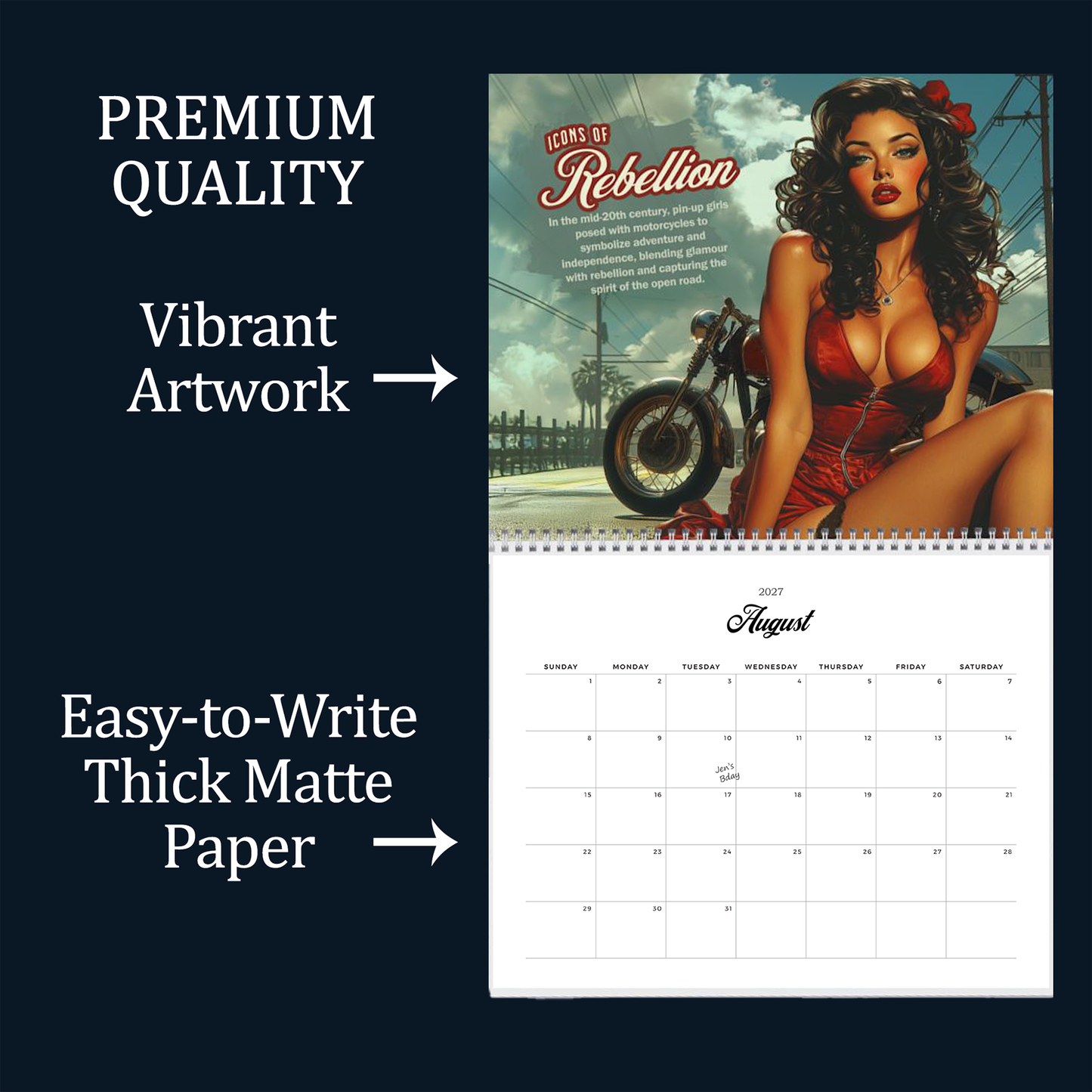 Salute USA 2027 Pin-Up Wall Calendar - Patriotic American Pinup History, Military Aviation Fashion Motorcycle - Image + Writeable Grid