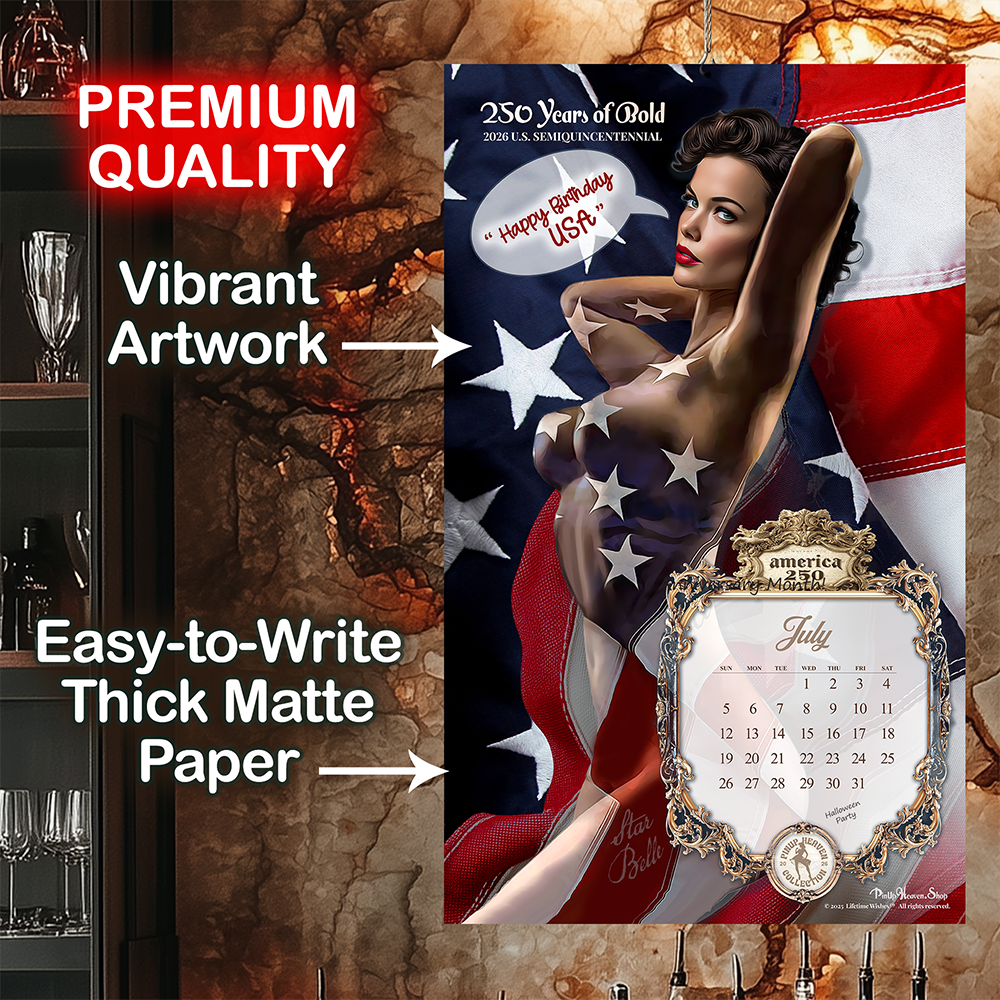 Funny USA 250th Anniversary Calendar 2026, America 250 Years of Sass and Satire, Premium XL  Pin Up History Calendar