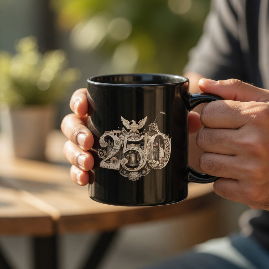 America 250th Anniversary Commemorative Mug, Black Ceramic, 15oz, 11oz