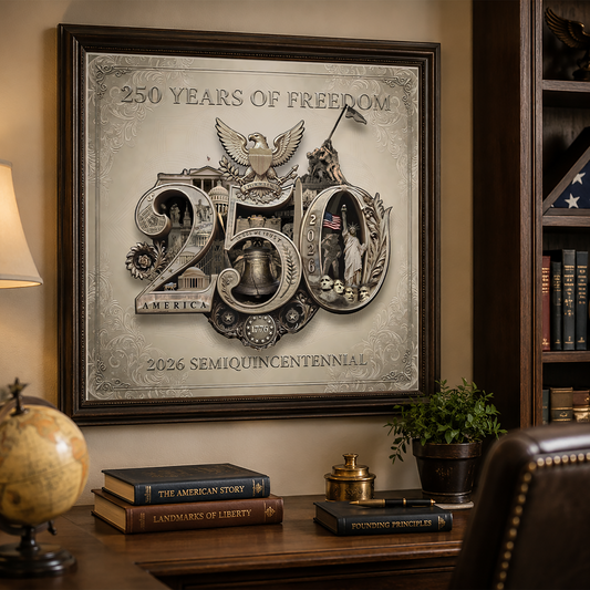 America 250th Anniversary Gold Seal Poster, 250 Years of Freedom Wall Art, Patriotic Decor, Vintage Americana USA Landmark Art, Satin Print