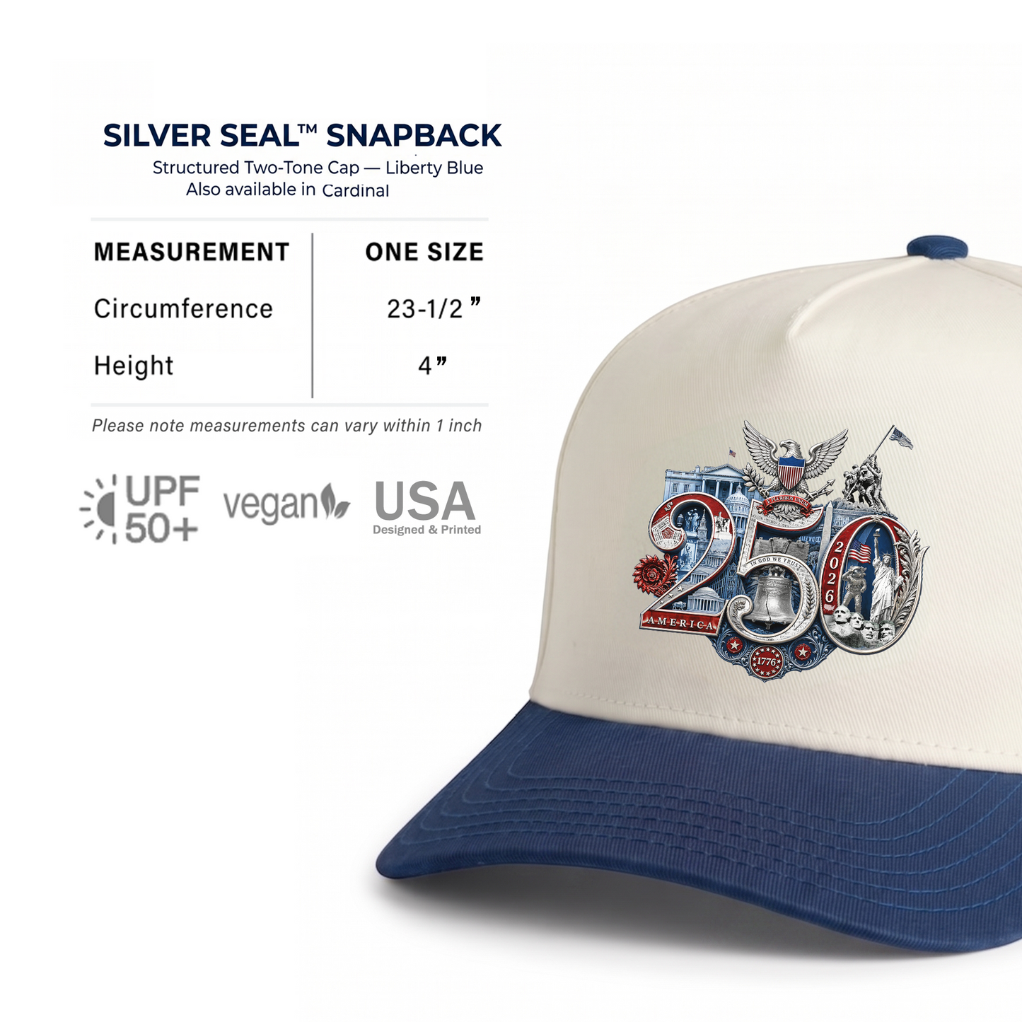 America 250th Anniversary Silver Seal Hat, Patriotic Two-Tone Snapback Cap, 250th Anniversary USA Semiquincentennial Baseball Cap
