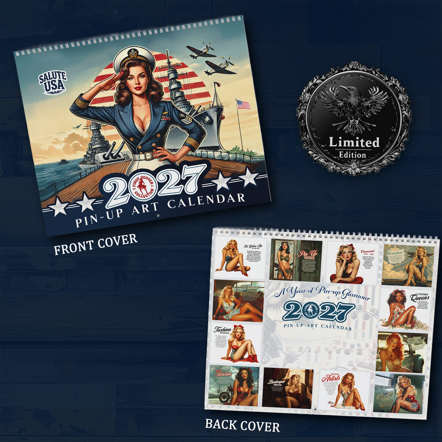 Salute USA 2027 Pin-Up Wall Calendar - Patriotic American Pinup History, Military Aviation Fashion Motorcycle - Image + Writeable Grid