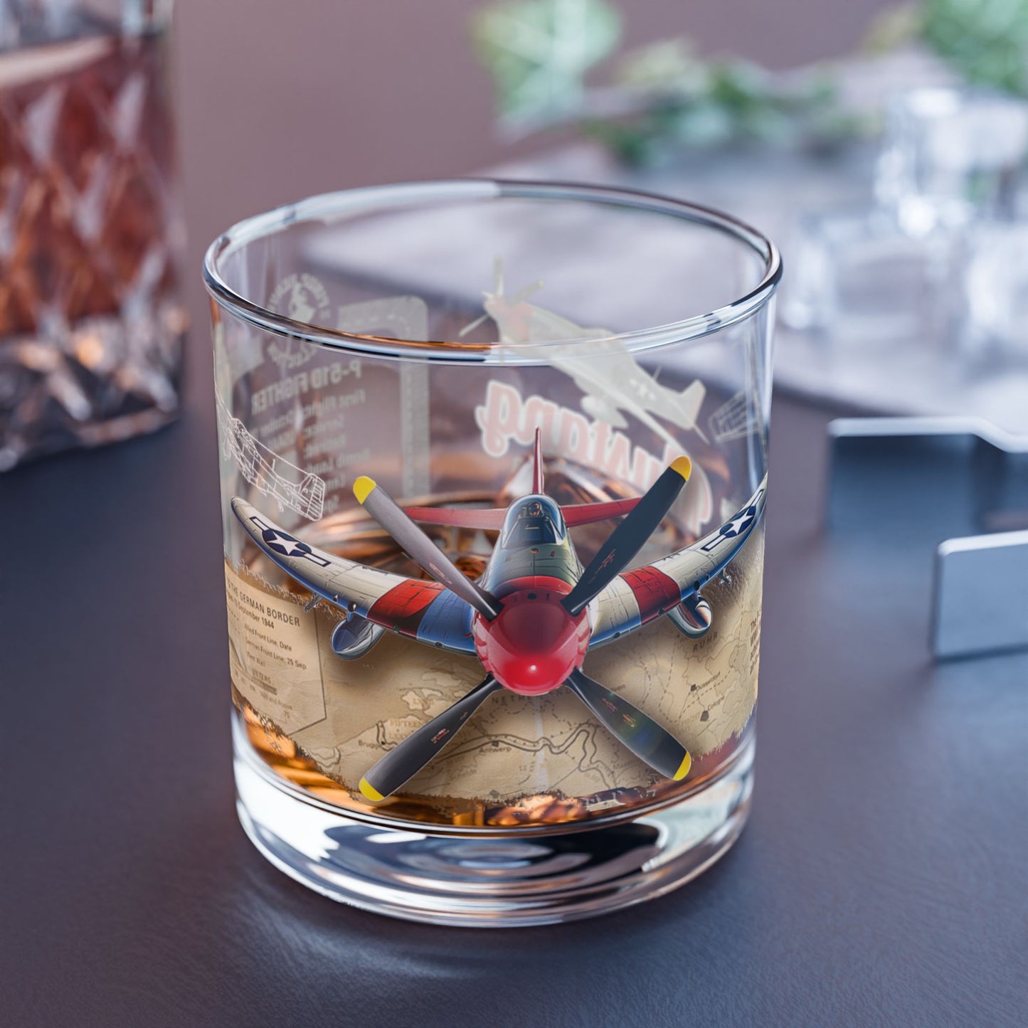 Whiskey Rocks Glass, Vintage WWII P-51 Aviation Gift,  Bourbon Scotch Old Fashion, Man Cave, Military Veteran Pilot Retirement Gift for Him 10oz