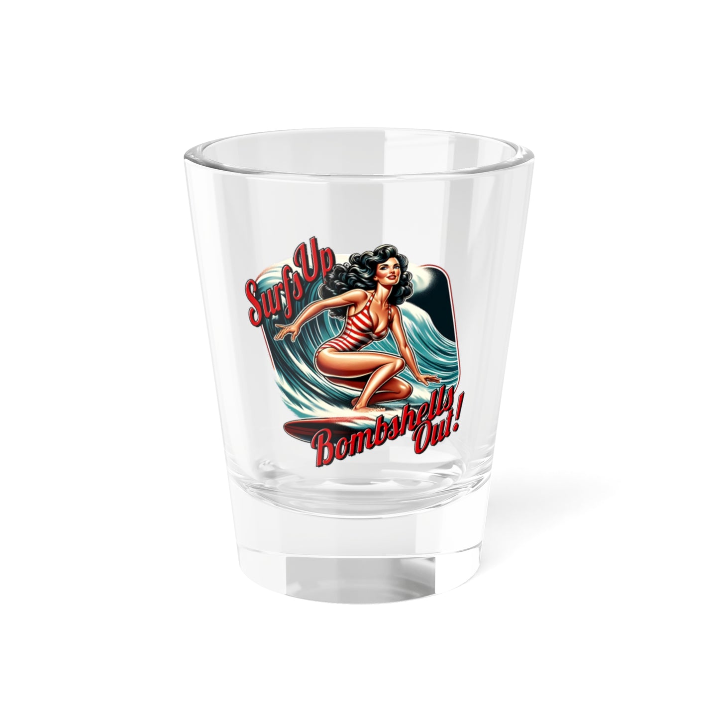 Surfer Shot Glass, Retro Barware, Gift for Surfer Decor, Vintage Surfer PinUp Girl Art, Beach Lovers, Bachelor Party Favors, Fathers Day Gift