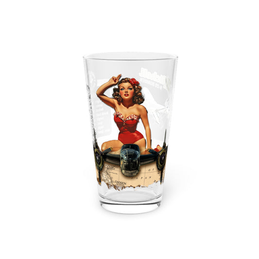 Vintage Beer Pint, B-25 Mitchell Bomber Plane Art + Stats + Battle Map + PinUp Art, 16oz Beer Glass