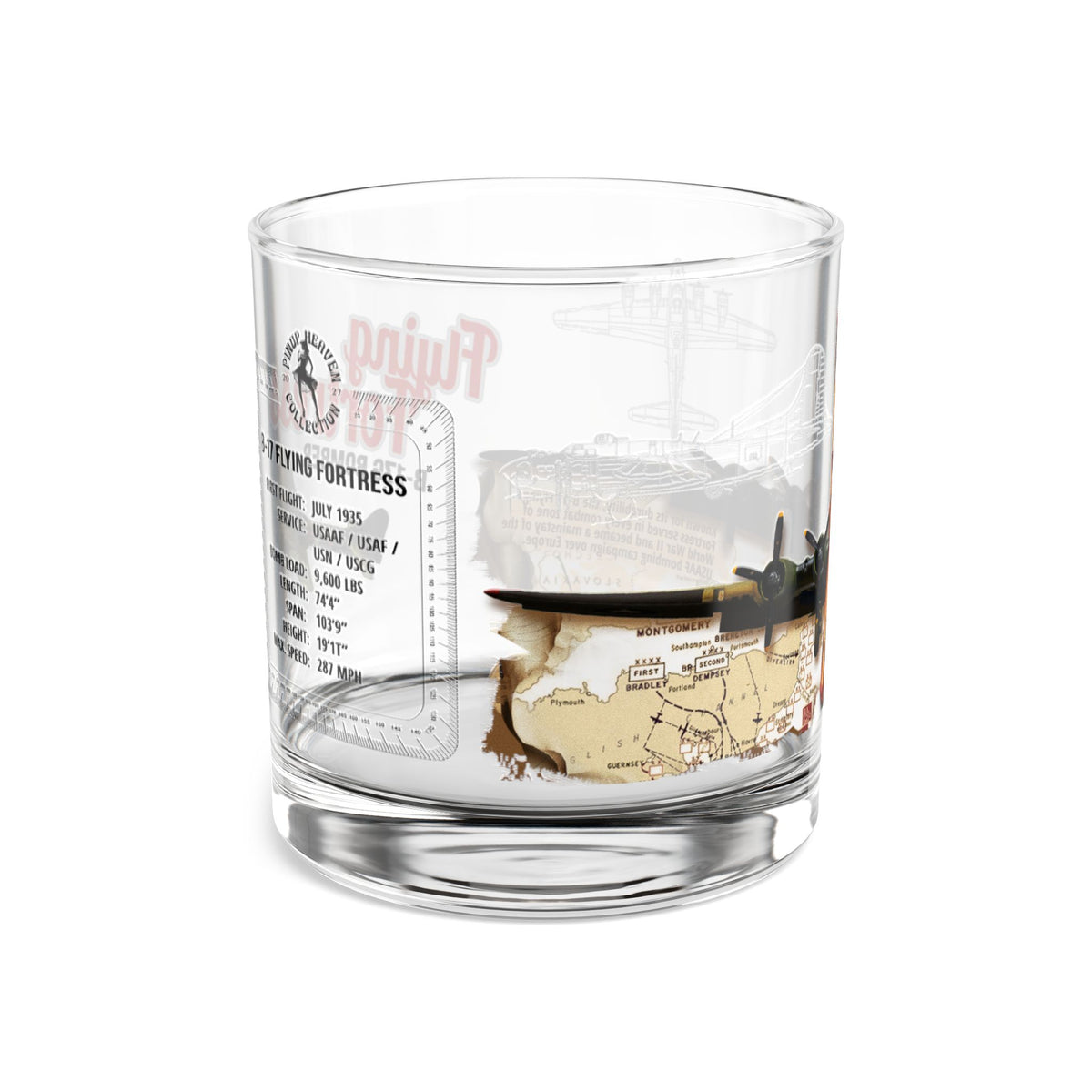 Whiskey Glass, Vintage WWII B-17 Bomber Aviation Gift, Bourbon Old Fashion, Man Cave, Military Veteran Pilot Retirement Gift for Him 10oz