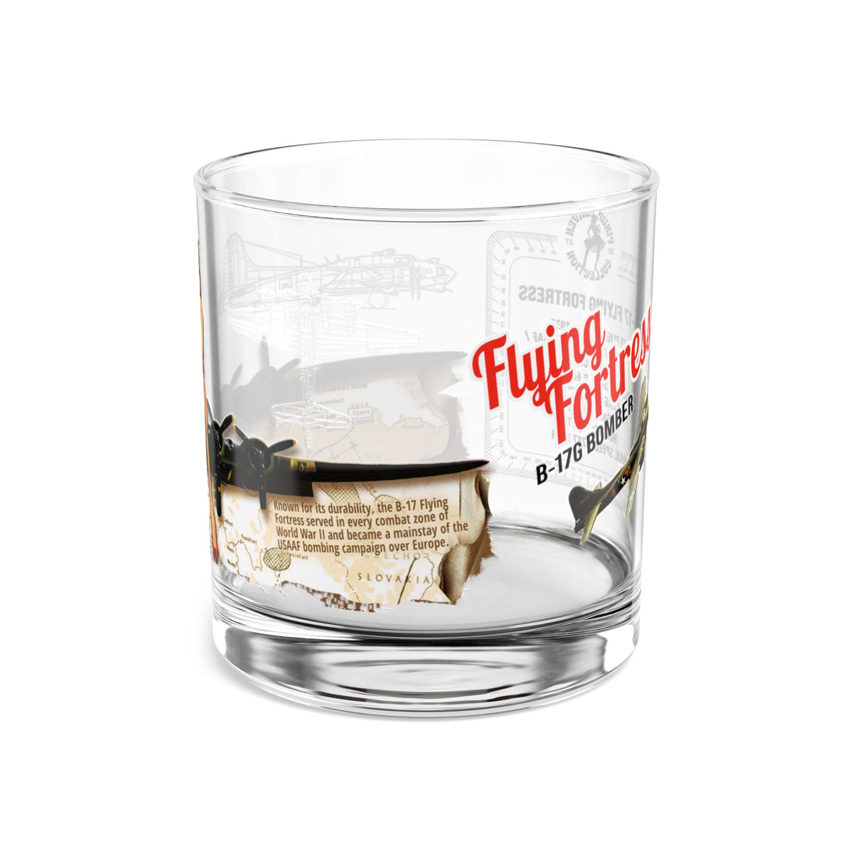 Whiskey Glass, Vintage WWII B-17 Bomber Aviation Gift, Bourbon Old Fashion, Man Cave, Military Veteran Pilot Retirement Gift for Him 10oz