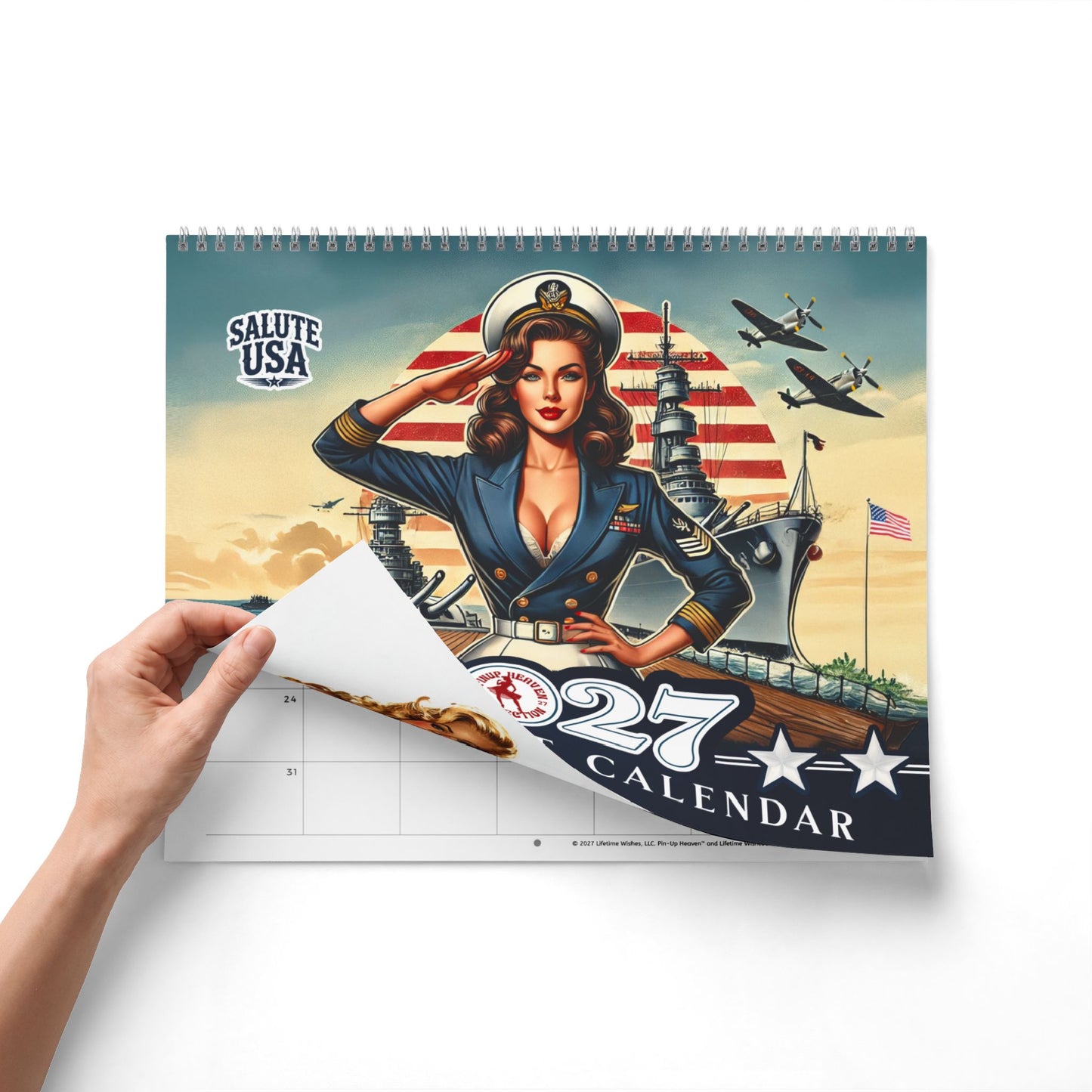 Salute USA 2027 Pin-Up Wall Calendar - Patriotic American Pinup History, Military Aviation Fashion Motorcycle - Image + Writeable Grid