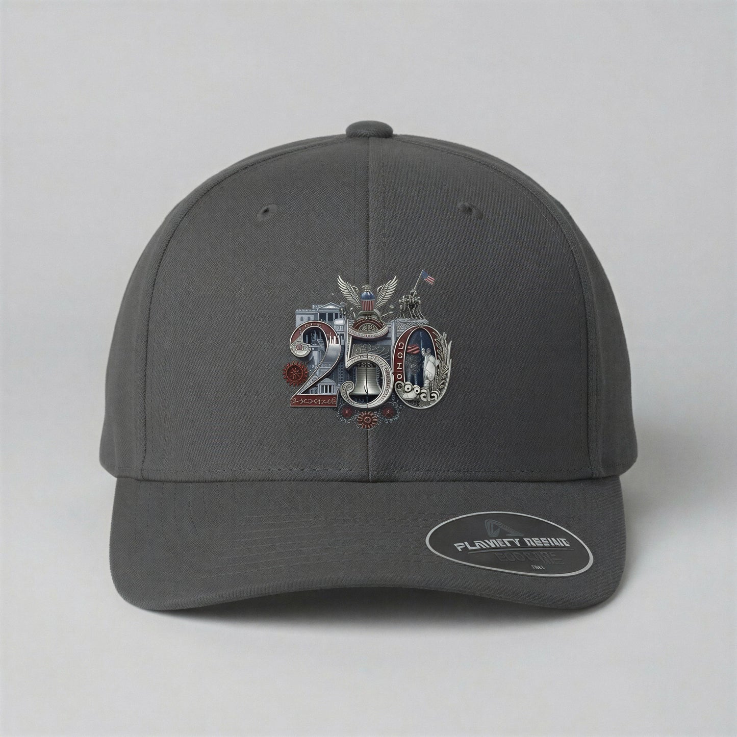 Pin-Up Heaven Silver Seal Fitted Cap — detailed view of the 250th anniversary Silver Seal artwork on structured seamless crown