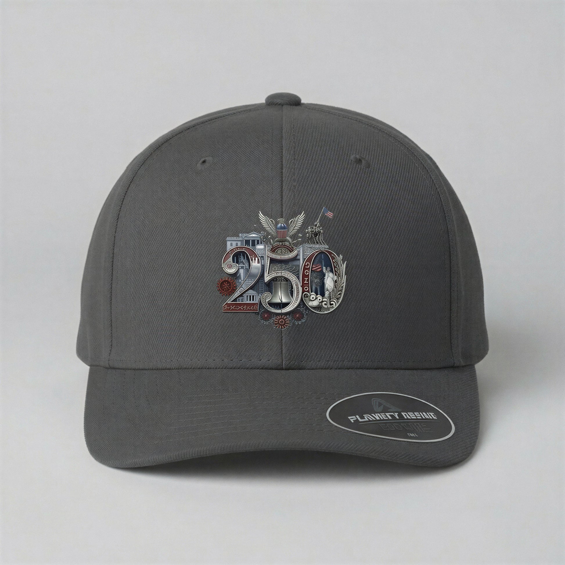 Pin-Up Heaven Silver Seal Fitted Cap — detailed view of the 250th anniversary Silver Seal artwork on structured seamless crown