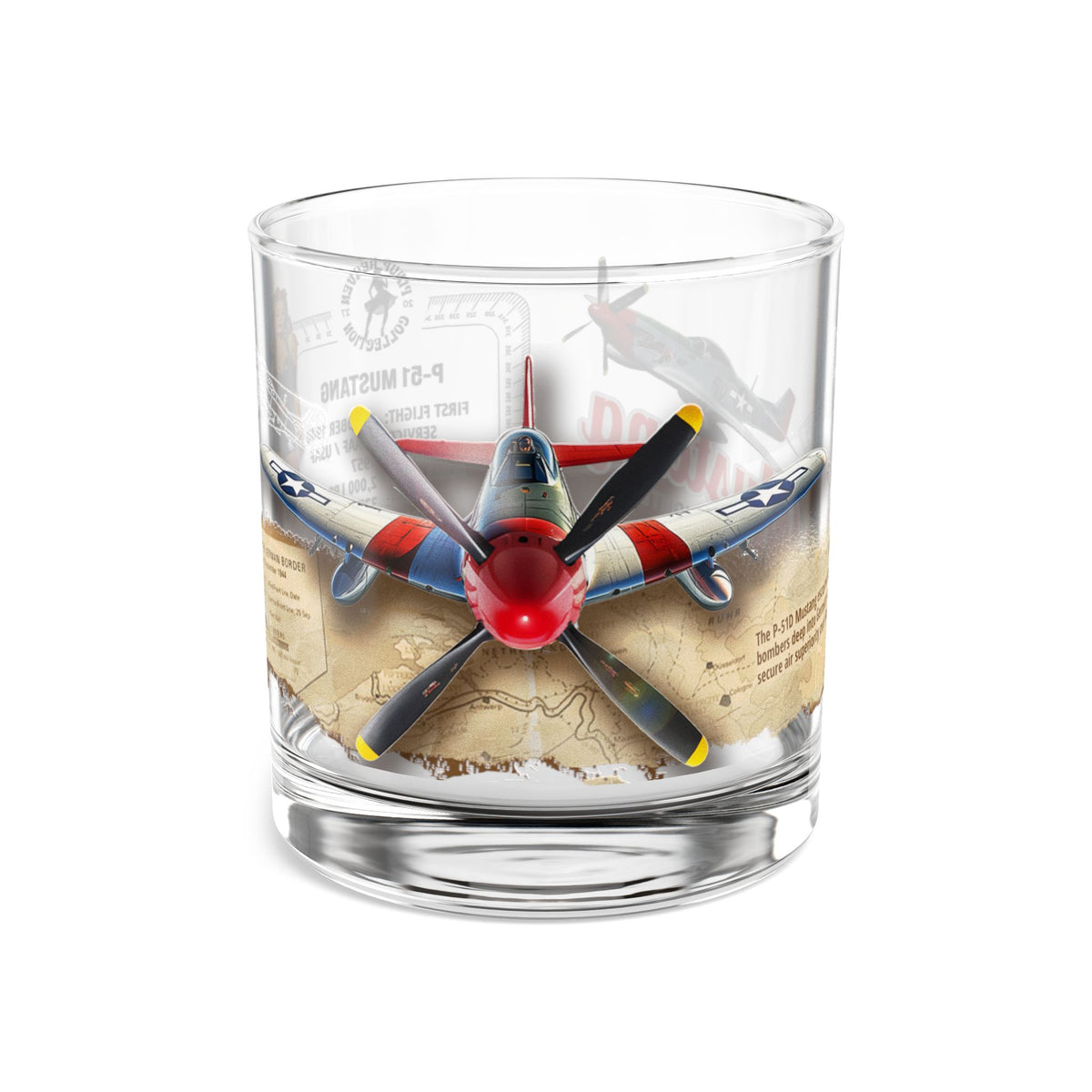 Whiskey Rocks Glass, Vintage WWII P-51 Aviation Gift,  Bourbon Scotch Old Fashion, Man Cave, Military Veteran Pilot Retirement Gift for Him 10oz