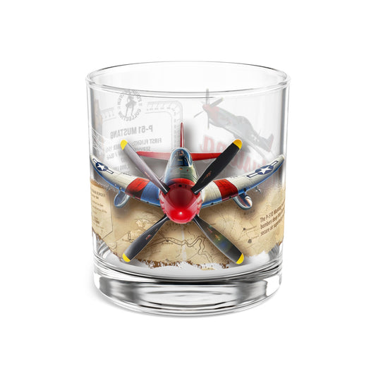 Whiskey Rocks Glass, Vintage WWII P-51 Aviation Gift,  Bourbon Scotch Old Fashion, Man Cave, Military Veteran Pilot Retirement Gift for Him 10oz