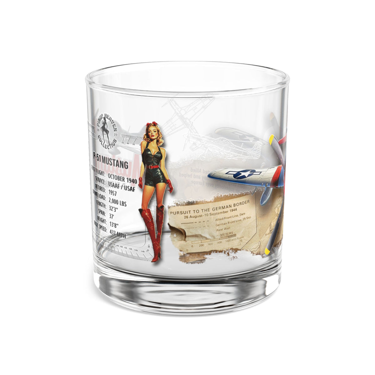Whiskey Rocks Glass, Vintage WWII P-51 Aviation Gift,  Bourbon Scotch Old Fashion, Man Cave, Military Veteran Pilot Retirement Gift for Him 10oz