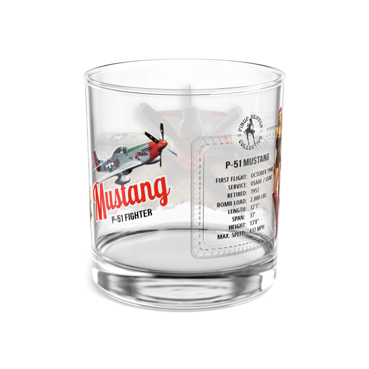 Whiskey Rocks Glass, Vintage WWII P-51 Aviation Gift,  Bourbon Scotch Old Fashion, Man Cave, Military Veteran Pilot Retirement Gift for Him 10oz