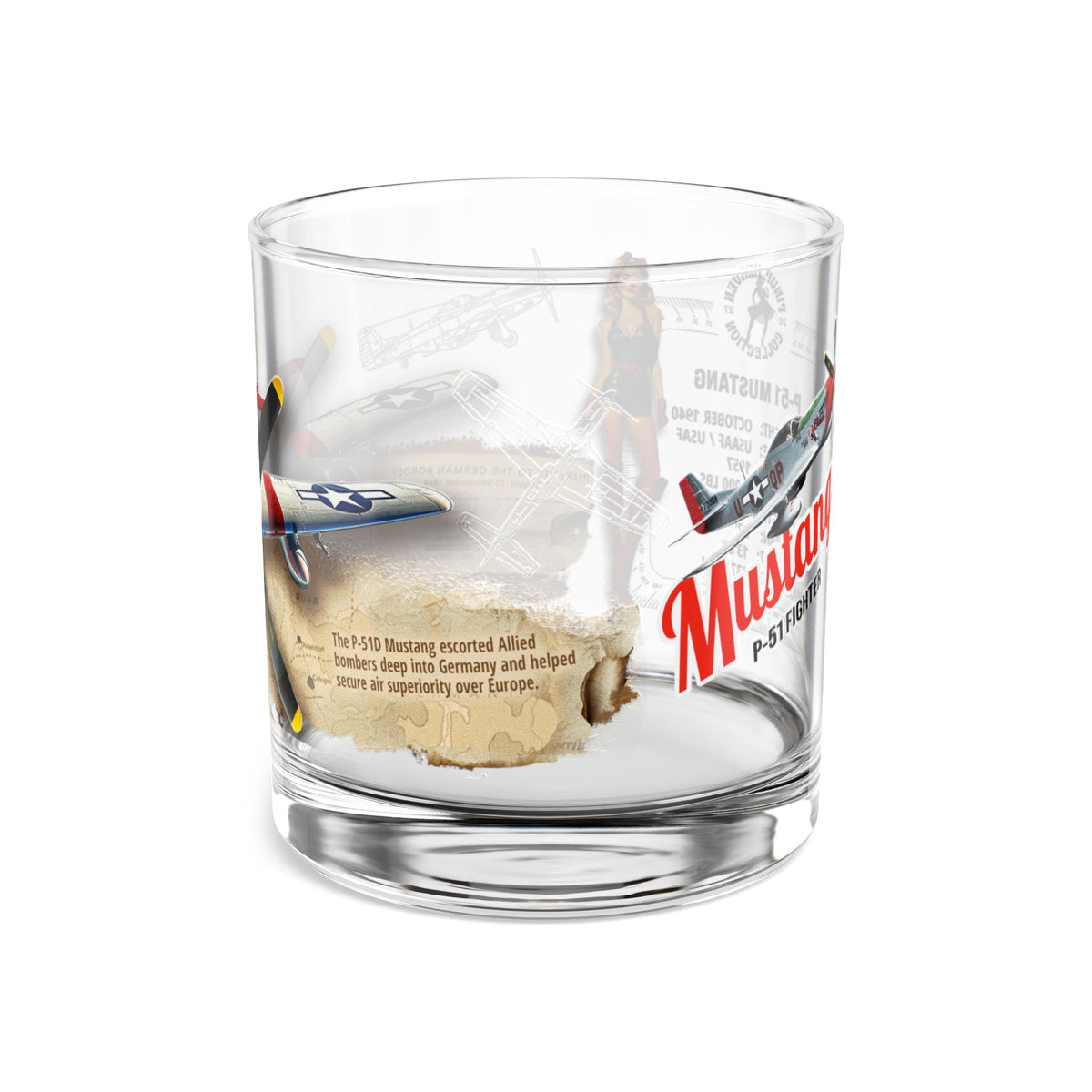 Whiskey Rocks Glass, Vintage WWII P-51 Aviation Gift,  Bourbon Scotch Old Fashion, Man Cave, Military Veteran Pilot Retirement Gift for Him 10oz