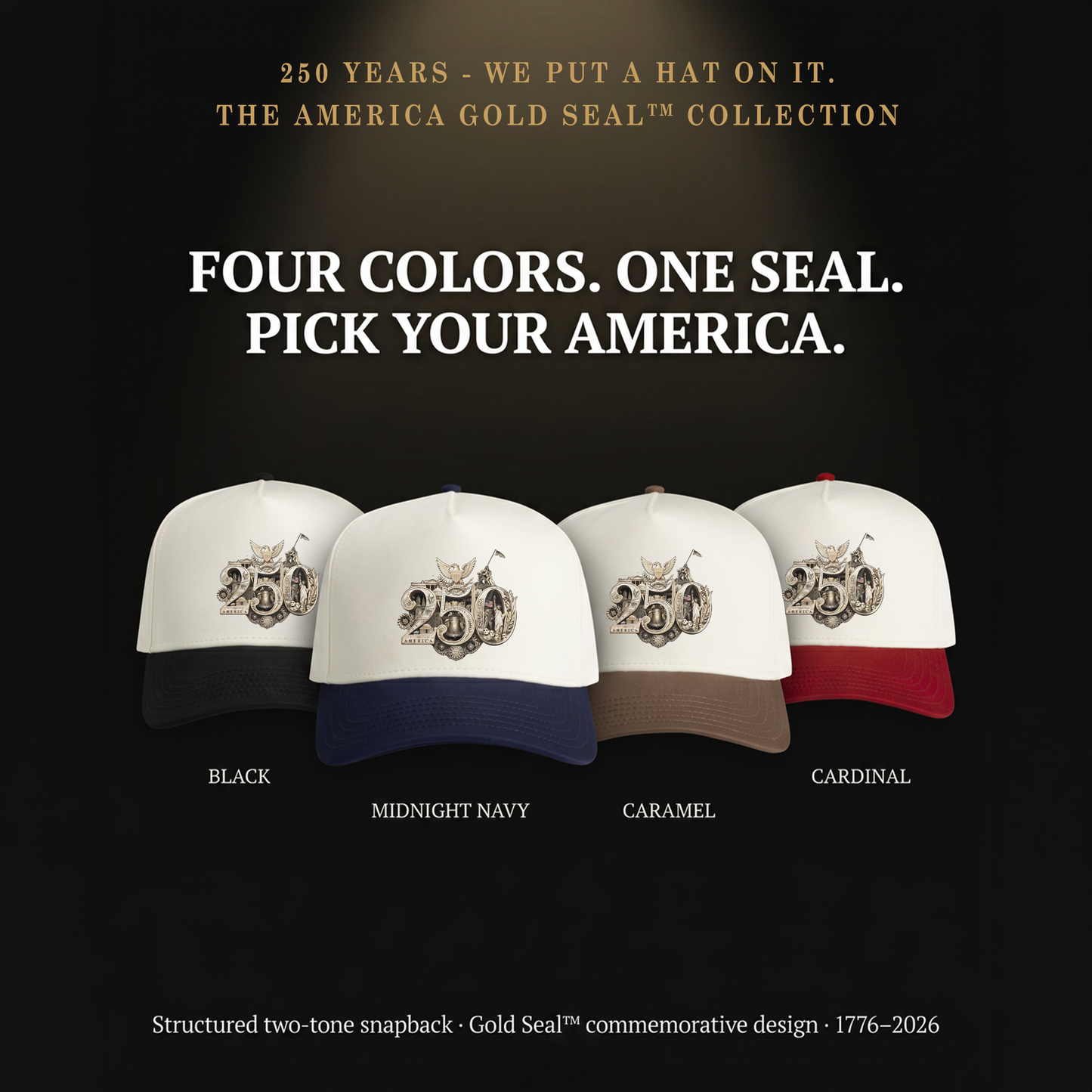 America 250th Anniversary Gold Seal Hat, Patriotic Two-Tone Snapback Cap, USA Semiquincentennial Baseball Cap