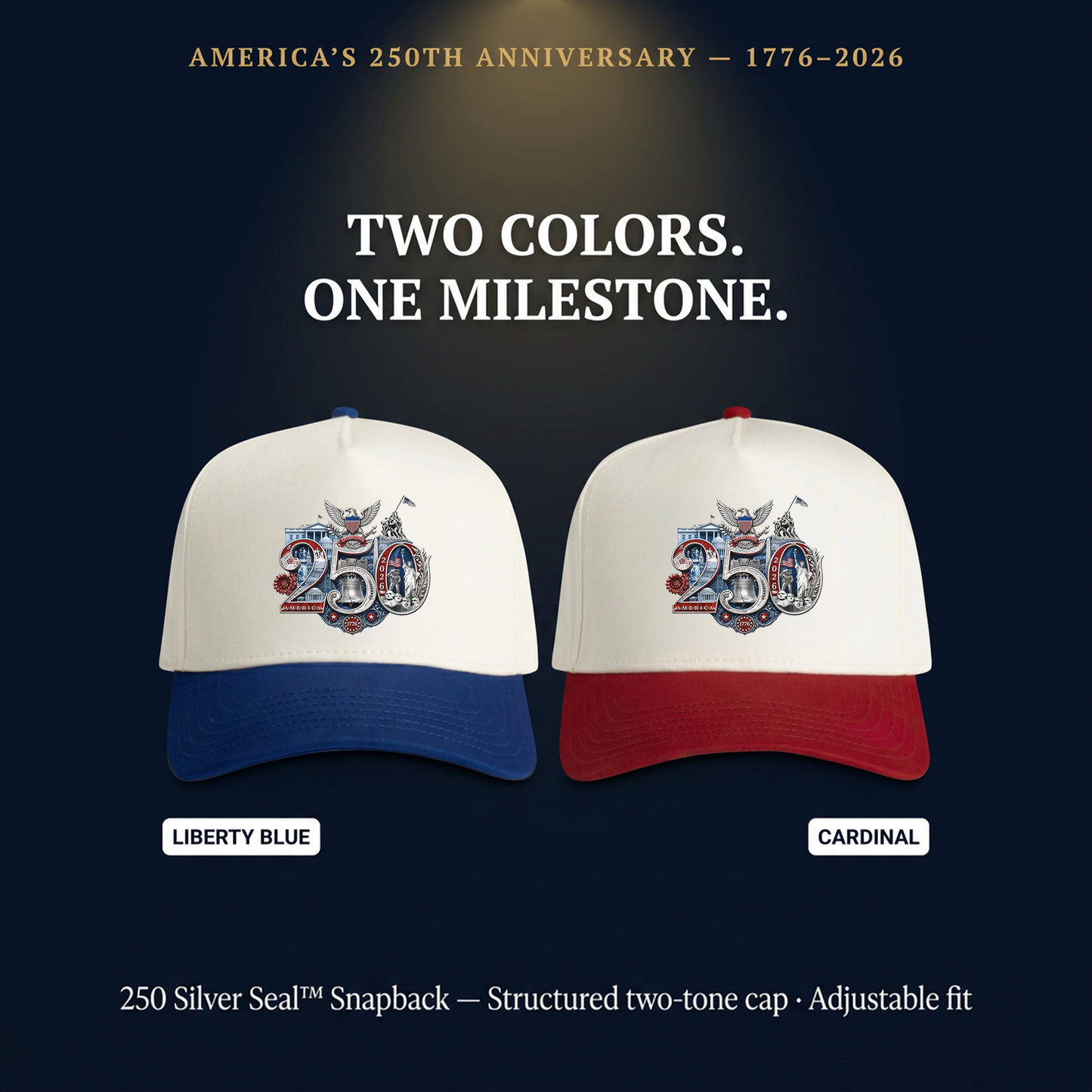 America 250th Anniversary Silver Seal Hat, Patriotic Two-Tone Snapback Cap, 250th Anniversary USA Semiquincentennial Baseball Cap