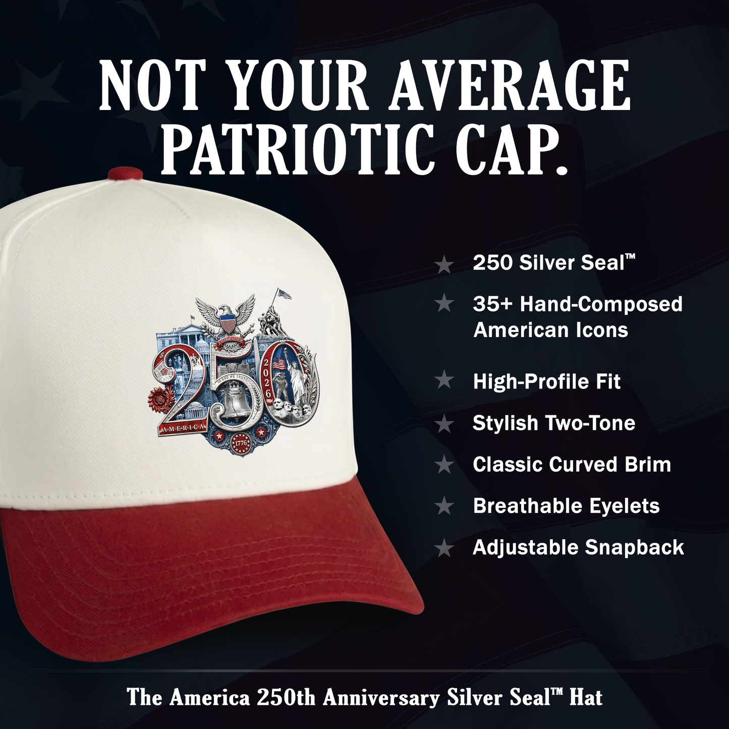 America 250th Anniversary Silver Seal Hat, Patriotic Two-Tone Snapback Cap, 250th Anniversary USA Semiquincentennial Baseball Cap