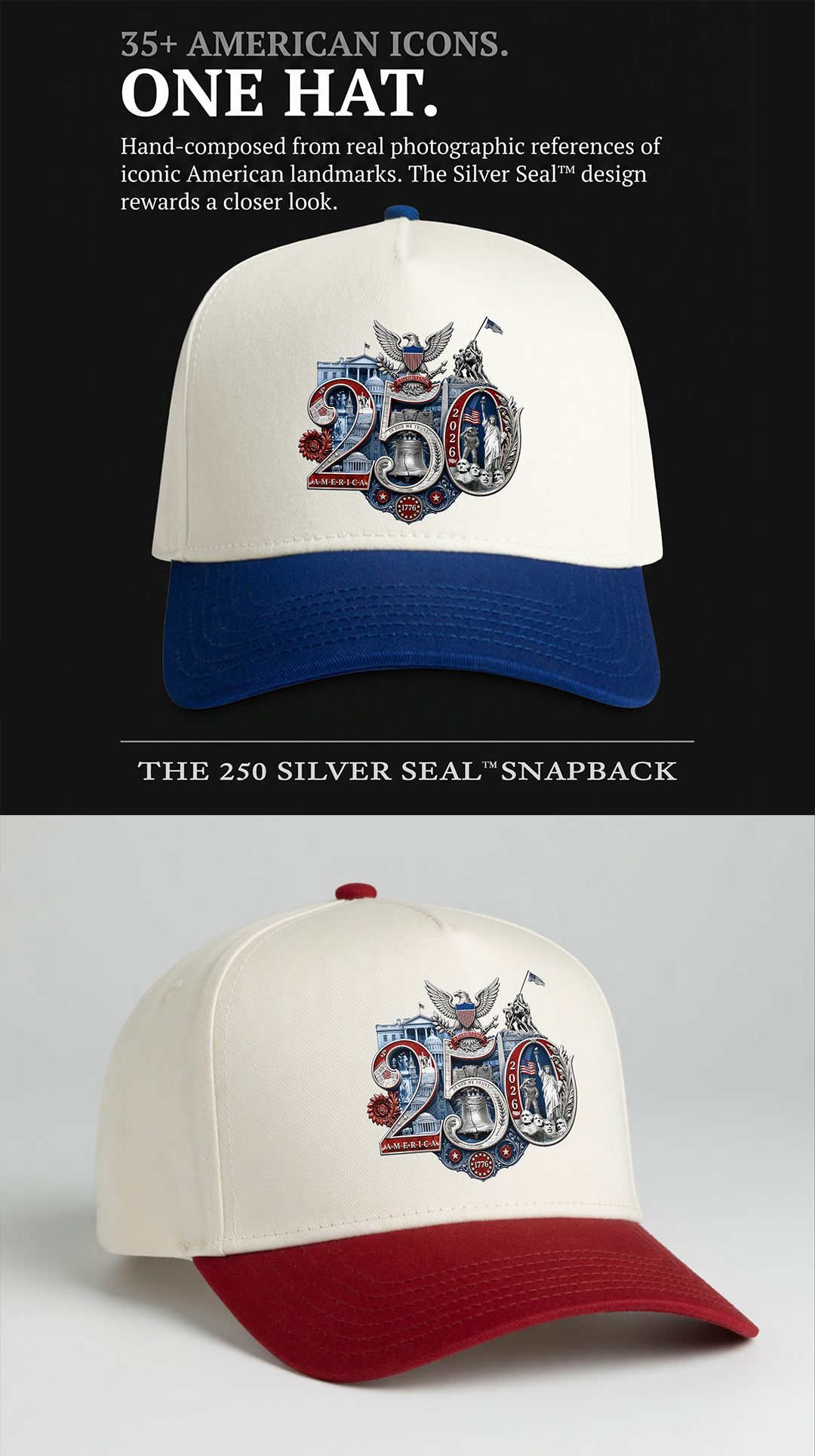America 250th Anniversary Silver Seal Hat, Patriotic Two-Tone Snapback Cap, 250th Anniversary USA Semiquincentennial Baseball Cap