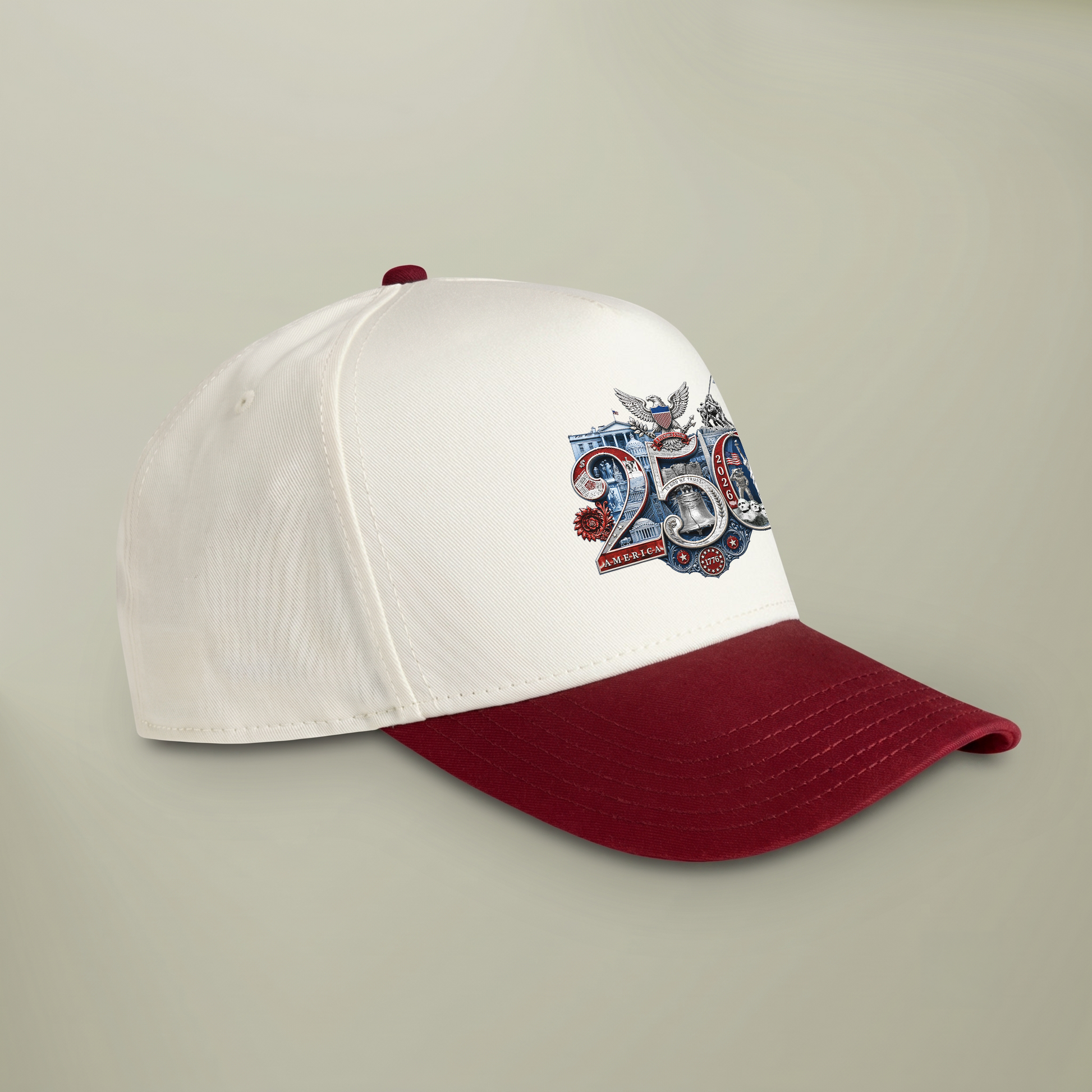 Cardinal Red America 250th Silver Seal Hat side profile showcasing two-tone snapback construction and the Silver 250th Seal™ design