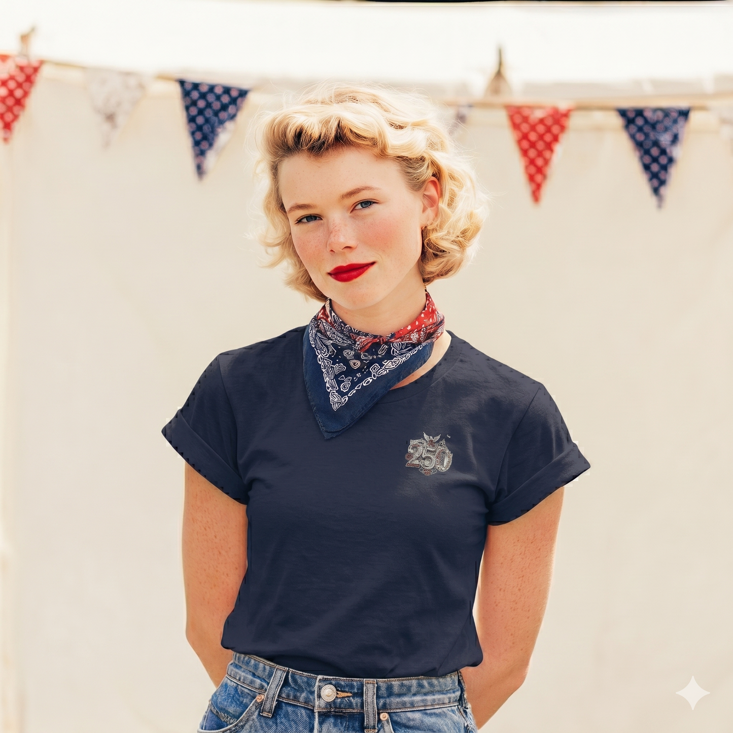 Navy America 250th T-Shirt — lifestyle shot featuring the 250th Seal™ design