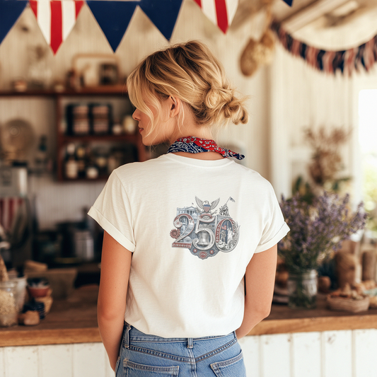 Patriotic America 250th Anniversary Womens Slim Fit Tee | Bella Canvas 6004 | Commemorative Shirt | USA Landmark Design | 1776–2026