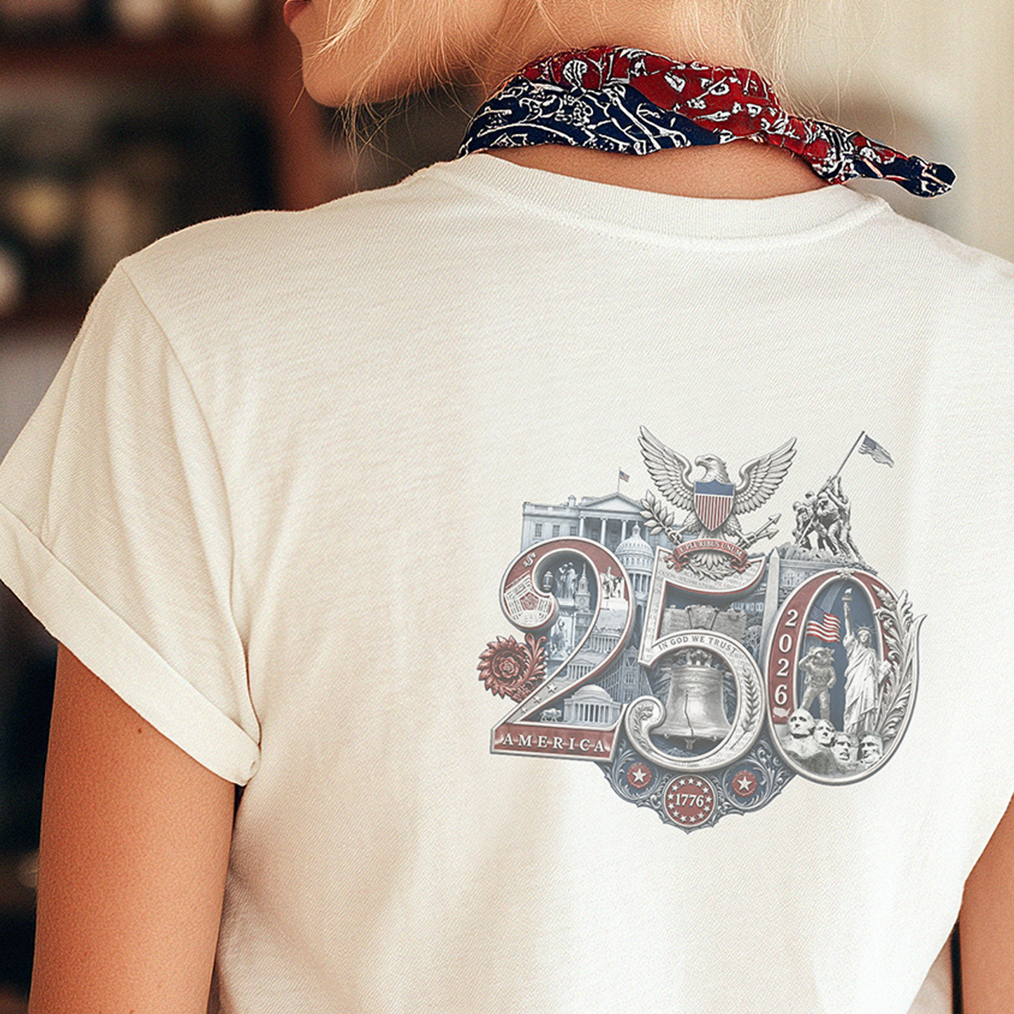 White America 250th T-Shirt — lifestyle shot featuring the 250th Seal™ design