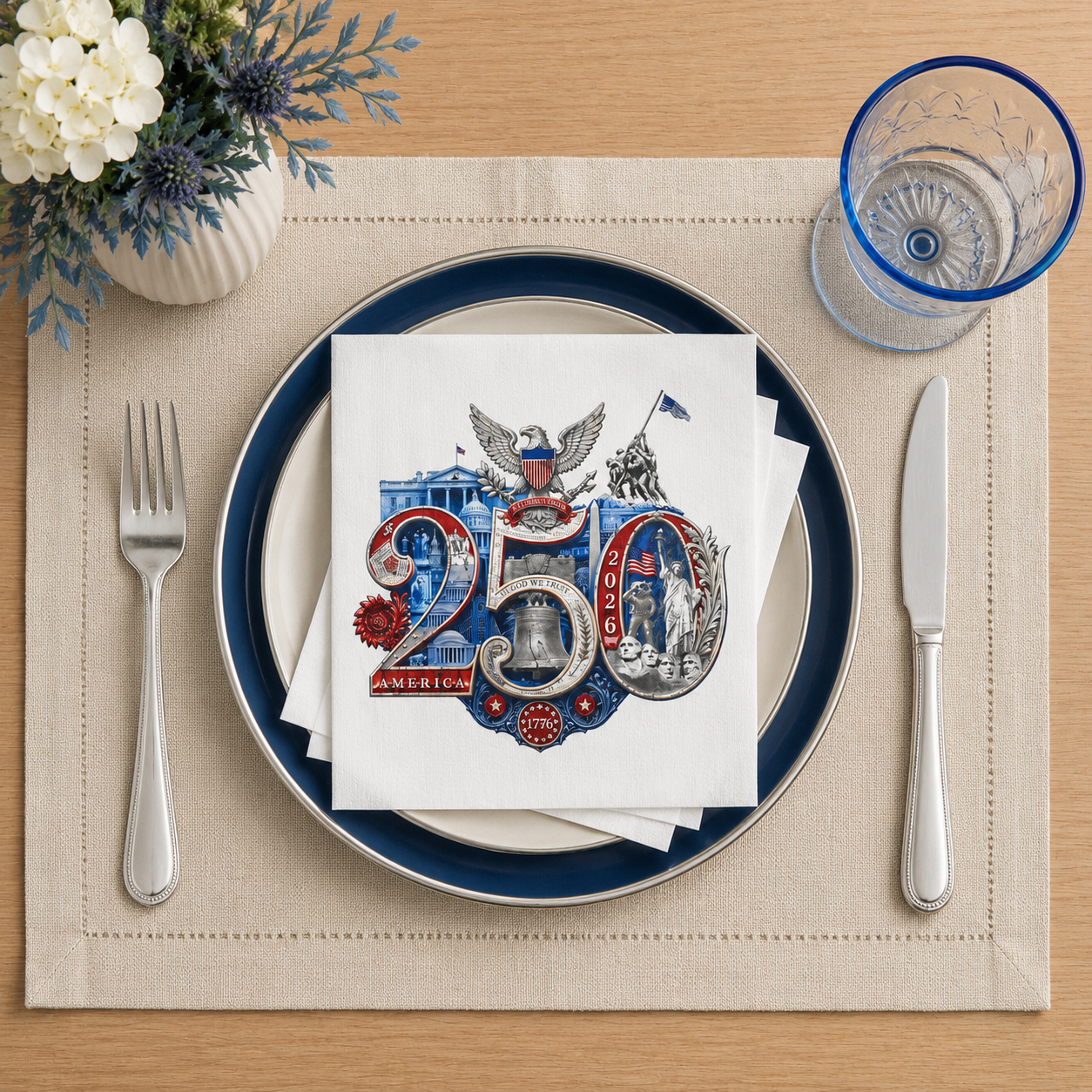 Fourth of July Designer Party Napkins - America 250th Commemorative Design | Patriotic BBQ Supplies | Dinner Cocktail  50/Pack