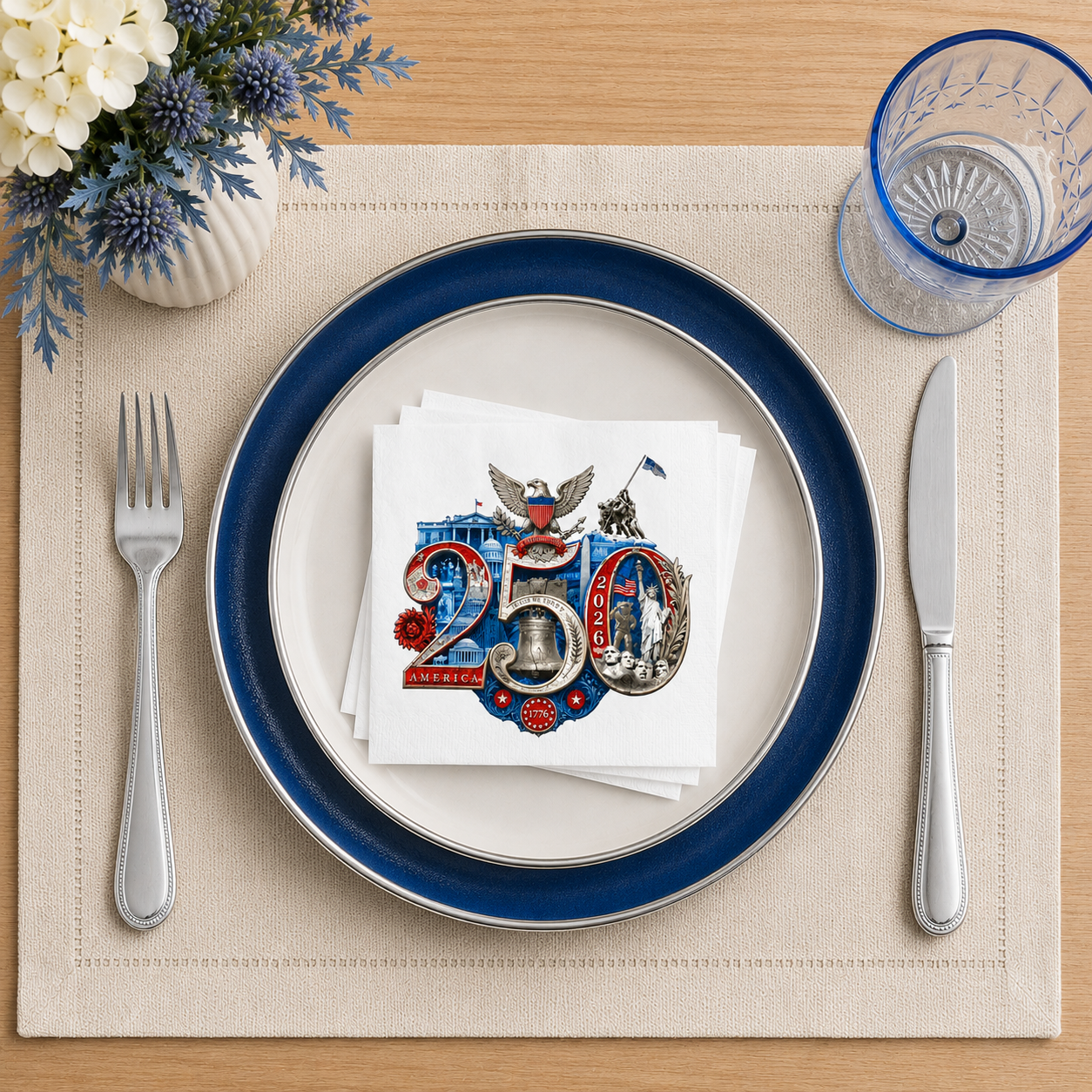 Fourth of July Designer Party Napkins - America 250th Commemorative Design | Patriotic BBQ Supplies | Dinner Cocktail  50/Pack