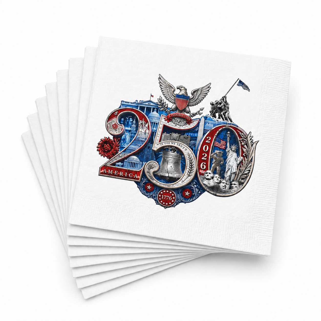 Fourth of July Designer Party Napkins - America 250th Commemorative Design | Patriotic BBQ Supplies | Dinner Cocktail  50/Pack
