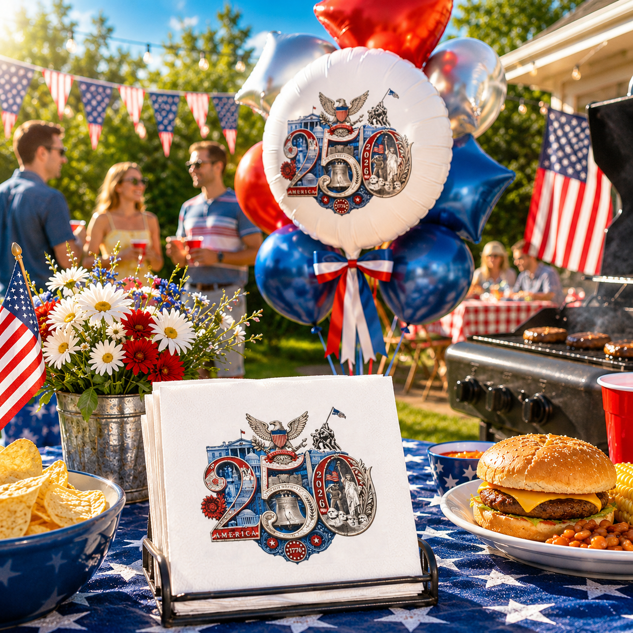 Fourth of July Designer Party Napkins - America 250th Commemorative Design | Patriotic BBQ Supplies | Dinner Cocktail  50/Pack
