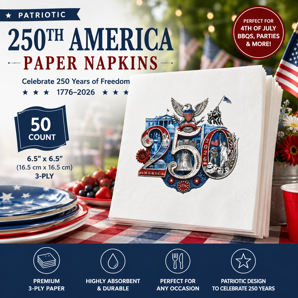 Fourth of July Designer Party Napkins - America 250th Commemorative Design | Patriotic BBQ Supplies | Dinner Cocktail  50/Pack
