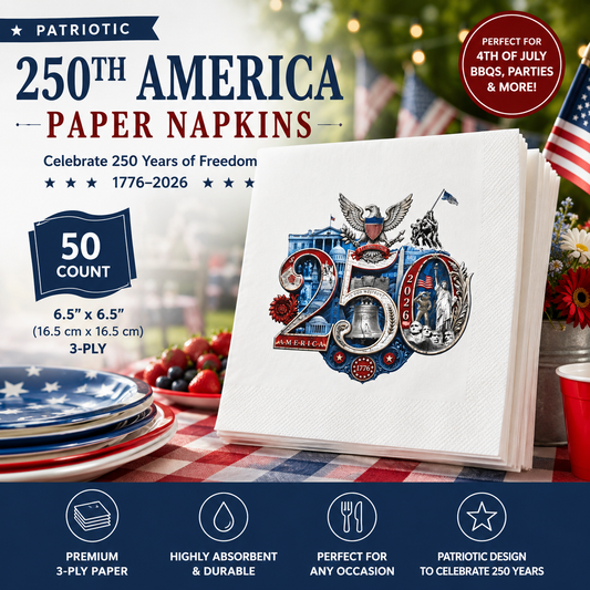 Fourth of July Designer Party Napkins - America 250th Commemorative Design | Patriotic BBQ Supplies | Dinner Cocktail  50/Pack