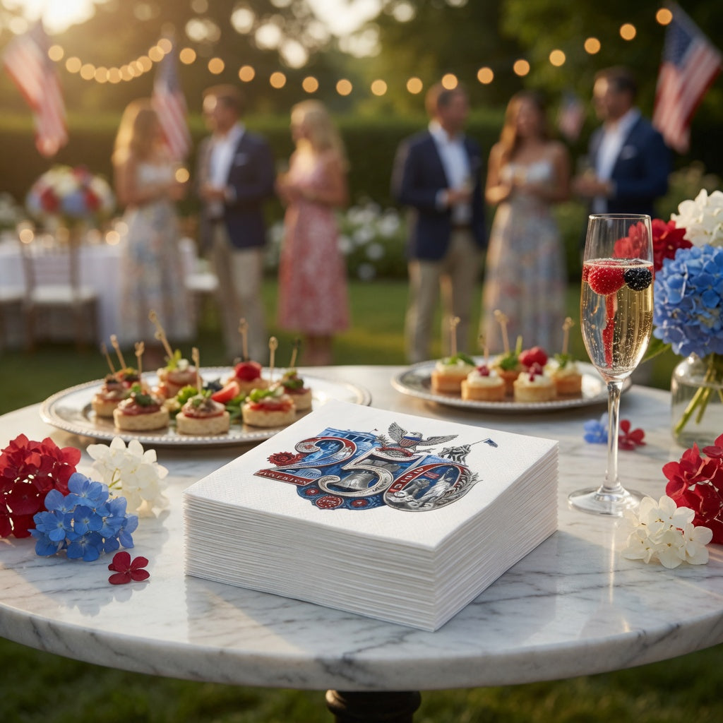 Fourth of July Designer Party Napkins - America 250th Commemorative Design | Patriotic BBQ Supplies | Dinner Cocktail  50/Pack