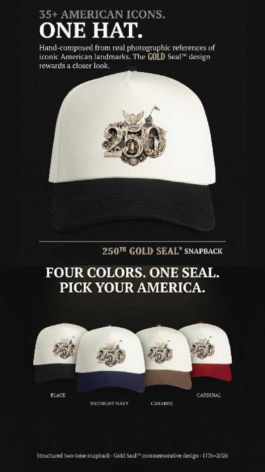 America 250th Anniversary Gold Seal Hat, Patriotic Two-Tone Snapback Cap, USA Semiquincentennial Baseball Cap