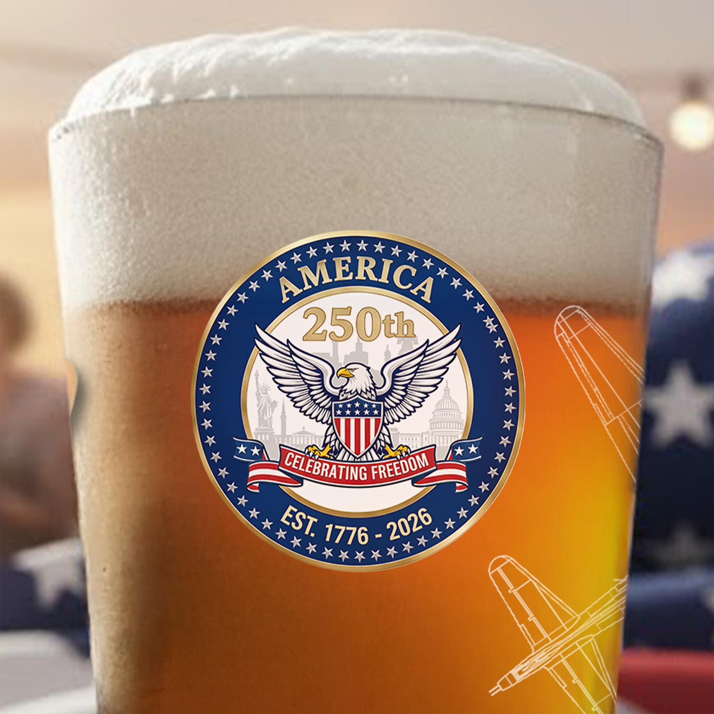 America 250th Pint Glass — logo emblem featuring the 250th Seal™ design