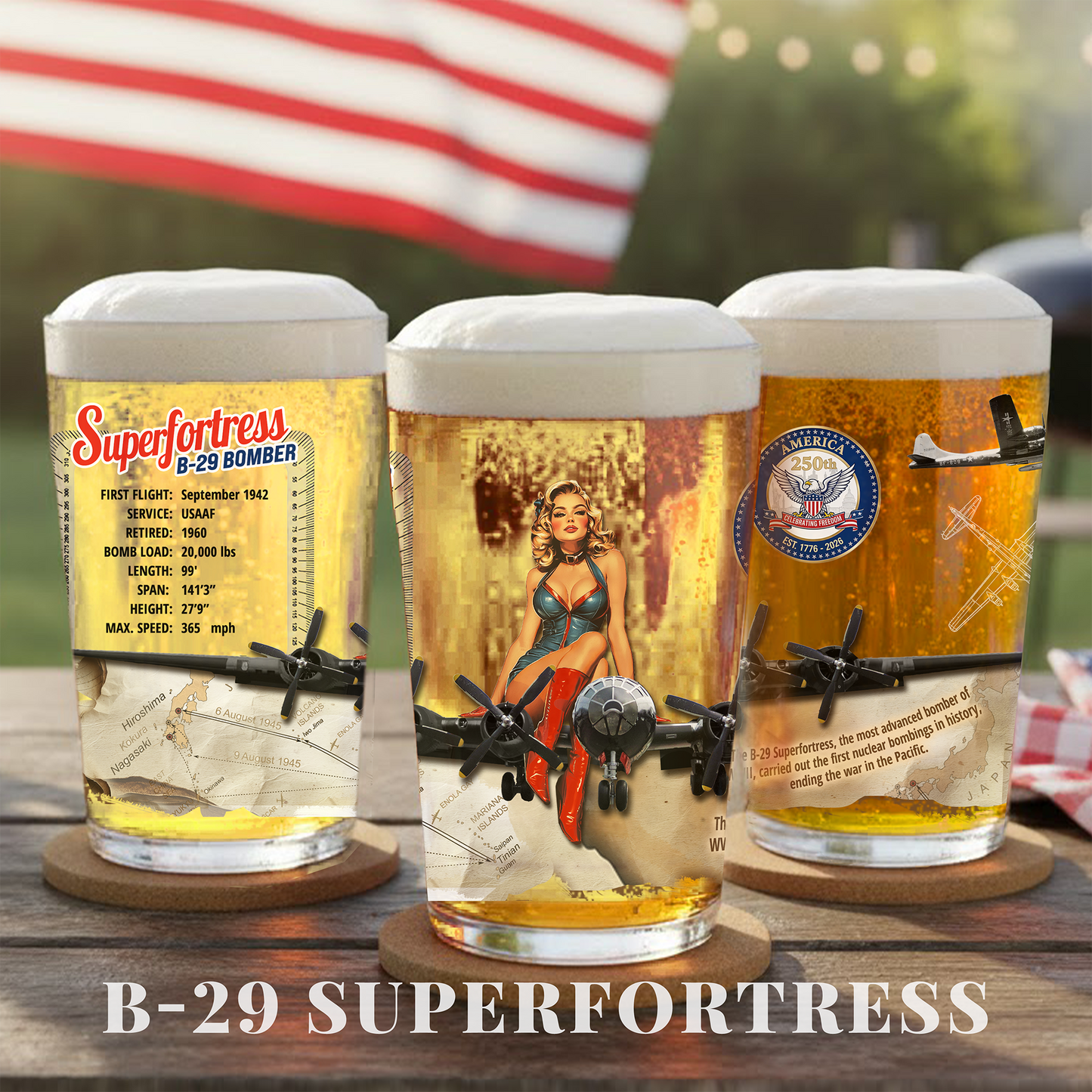 Pin-Up Heaven's America 250th Anniversary Legendary Aircraft 16oz Pint Glass Set - F35, B17, B29, B25, P51, F4U (Set of 6)
