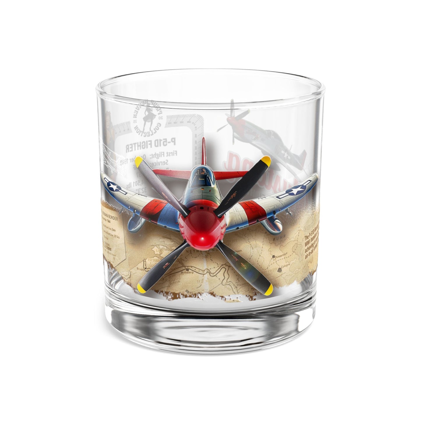 Whiskey Rocks Glass, Vintage WWII P-51 Aviation Gift,  Bourbon Scotch Old Fashion, Man Cave, Military Veteran Pilot Retirement Gift for Him 10oz