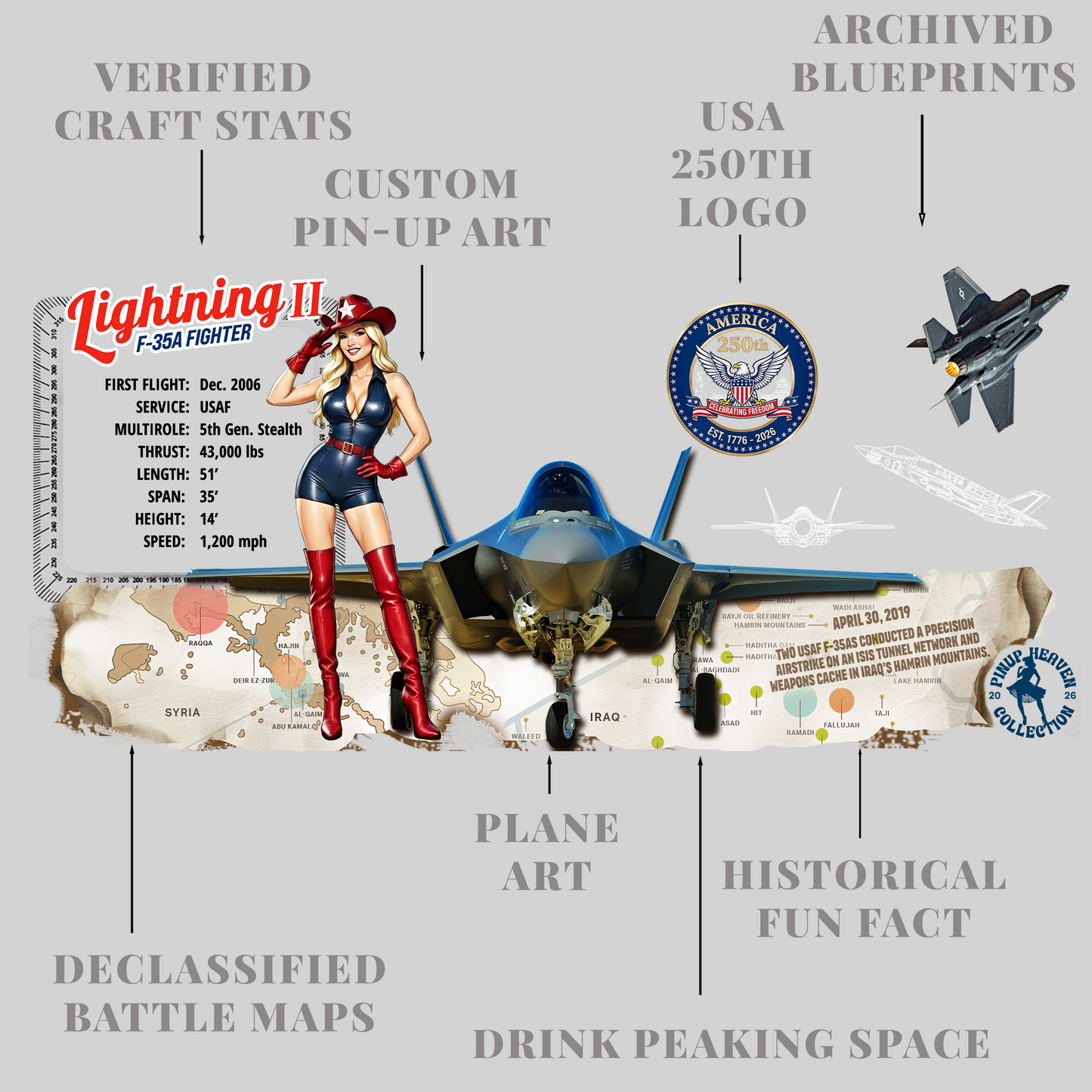 Pin-Up Heaven's America 250th Anniversary Legendary Aircraft 16oz Pint Glass Set - F35, B17, B29, B25, P51, F4U (Set of 6)