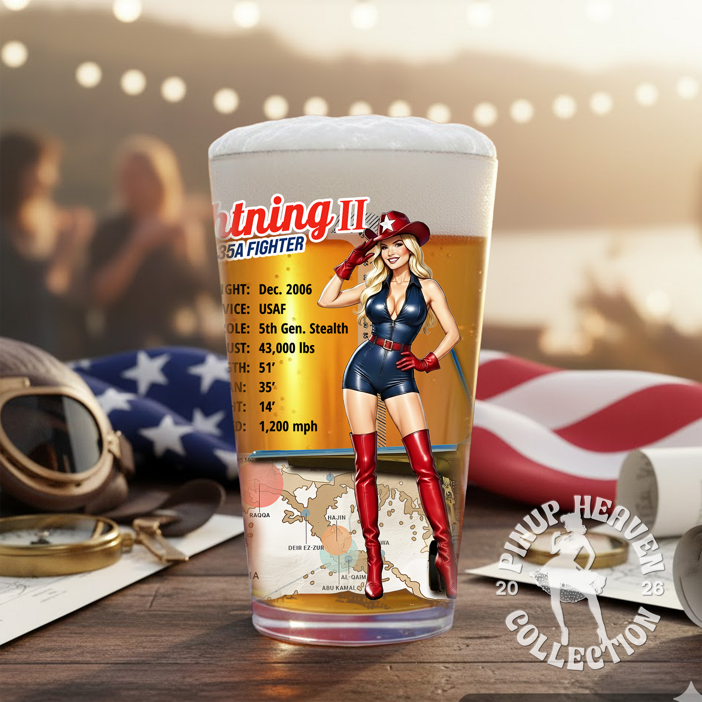 Pin-Up Heaven's America 250th Anniversary Legendary Aircraft 16oz Pint Glass Set - F35, B17, B29, B25, P51, F4U (Set of 6)
