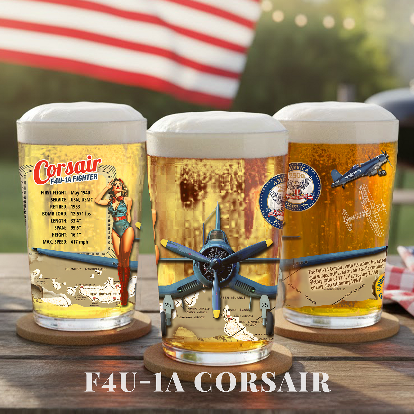 Pin-Up Heaven's America 250th Anniversary Legendary Aircraft 16oz Pint Glass Set - F35, B17, B29, B25, P51, F4U (Set of 6)