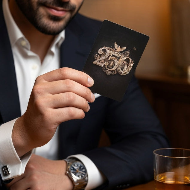 Man in a suit holding a black card with gold design, sitting at a table with a glass of whiskey.