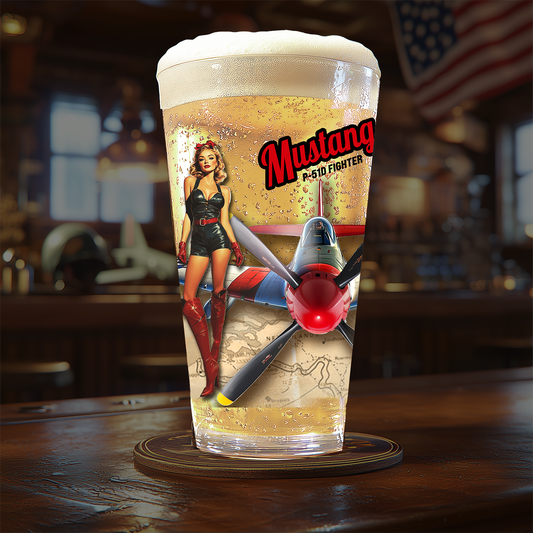 Vintage Beer Pint, P-51 Mustang Plane Stats + Blueprint + Battle Map + PinUp Art, 16oz