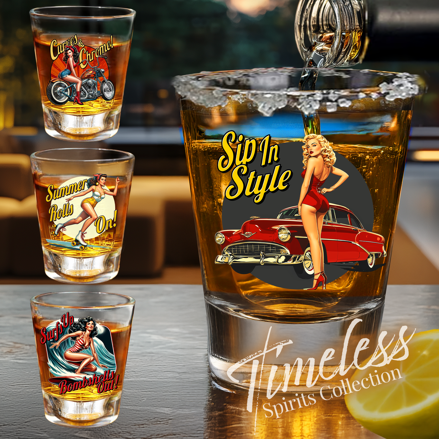 Classic Car Shot Glass, Retro Barware, Gift for Vintage Collector, Vintage PinUp Girl Art, Classic Car Lovers, Bachelor Party Gift, Fathers Day Gift