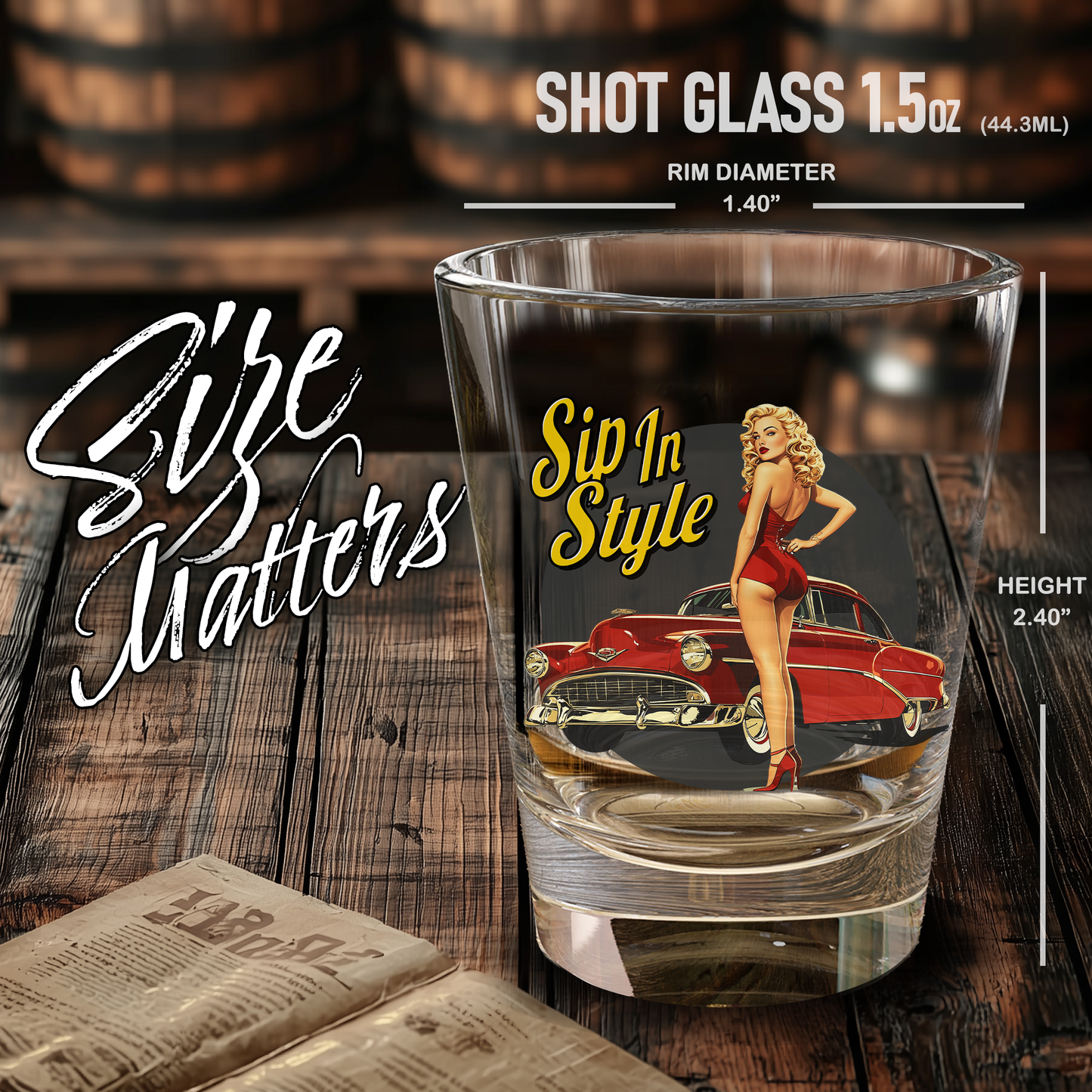 Classic Car Shot Glass, Retro Barware, Gift for Vintage Collector, Vintage PinUp Girl Art, Classic Car Lovers, Bachelor Party Gift, Fathers Day Gift