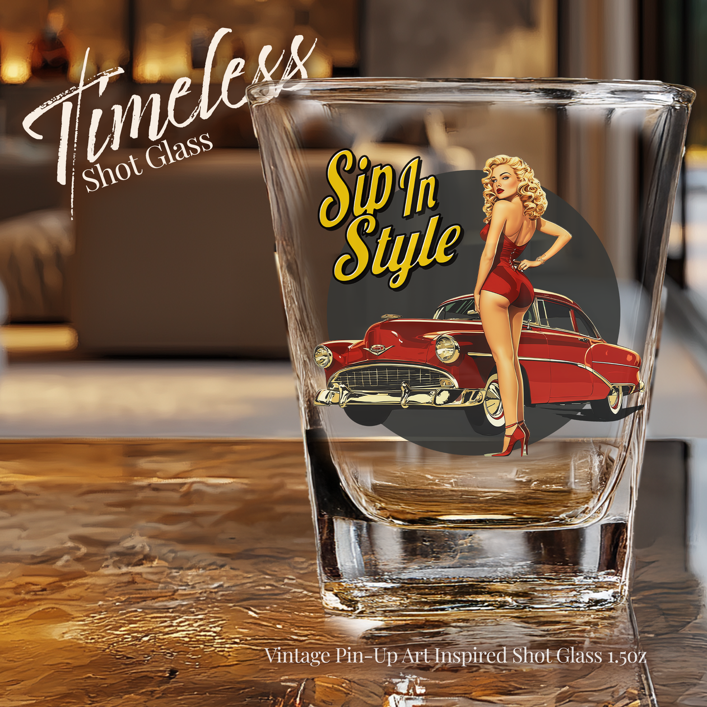 Classic Car Shot Glass, Retro Barware, Gift for Vintage Collector, Vintage PinUp Girl Art, Classic Car Lovers, Bachelor Party Gift, Fathers Day Gift